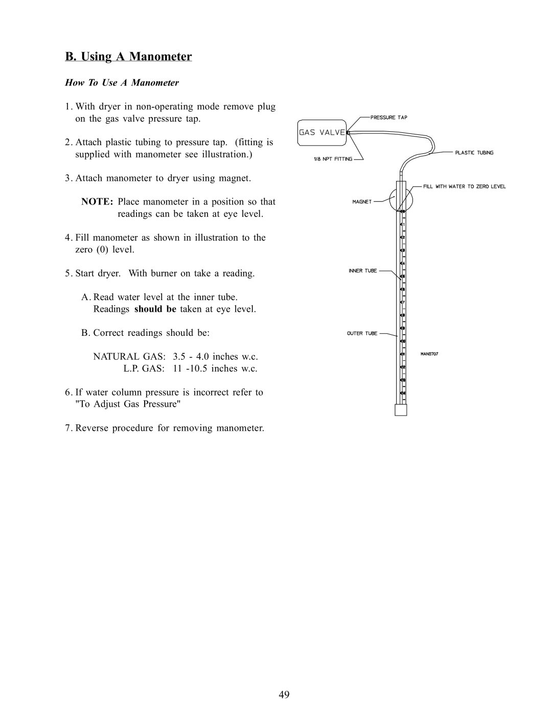 American Dryer Corp WDA-385 service manual Using a Manometer 