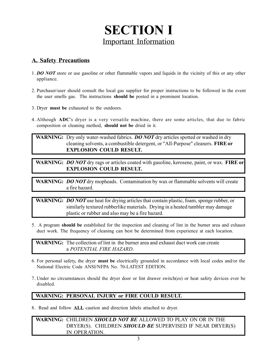 American Dryer Corp WDA-385 service manual Important Information, Safety Precautions 