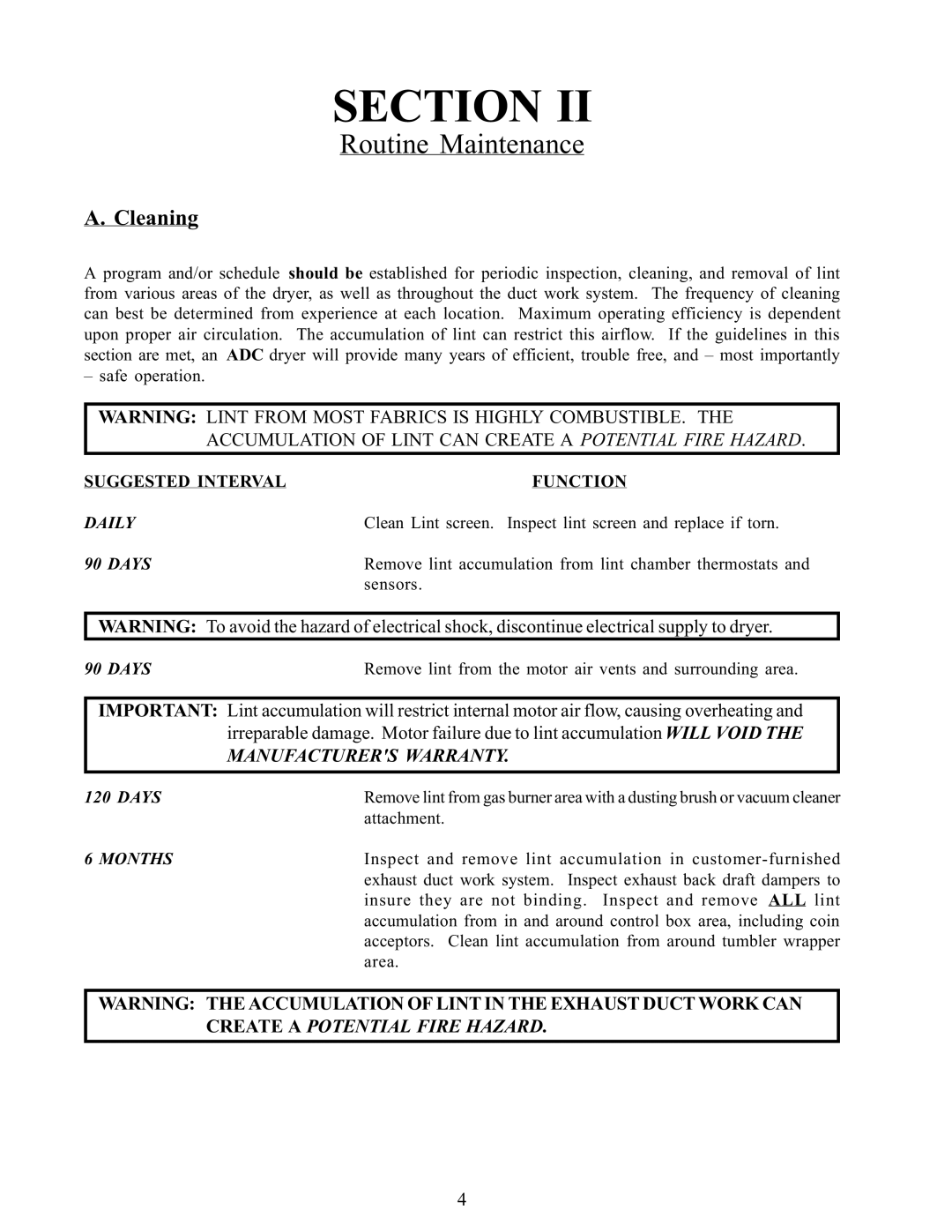 American Dryer Corp WDA-385 service manual Routine Maintenance, Cleaning 