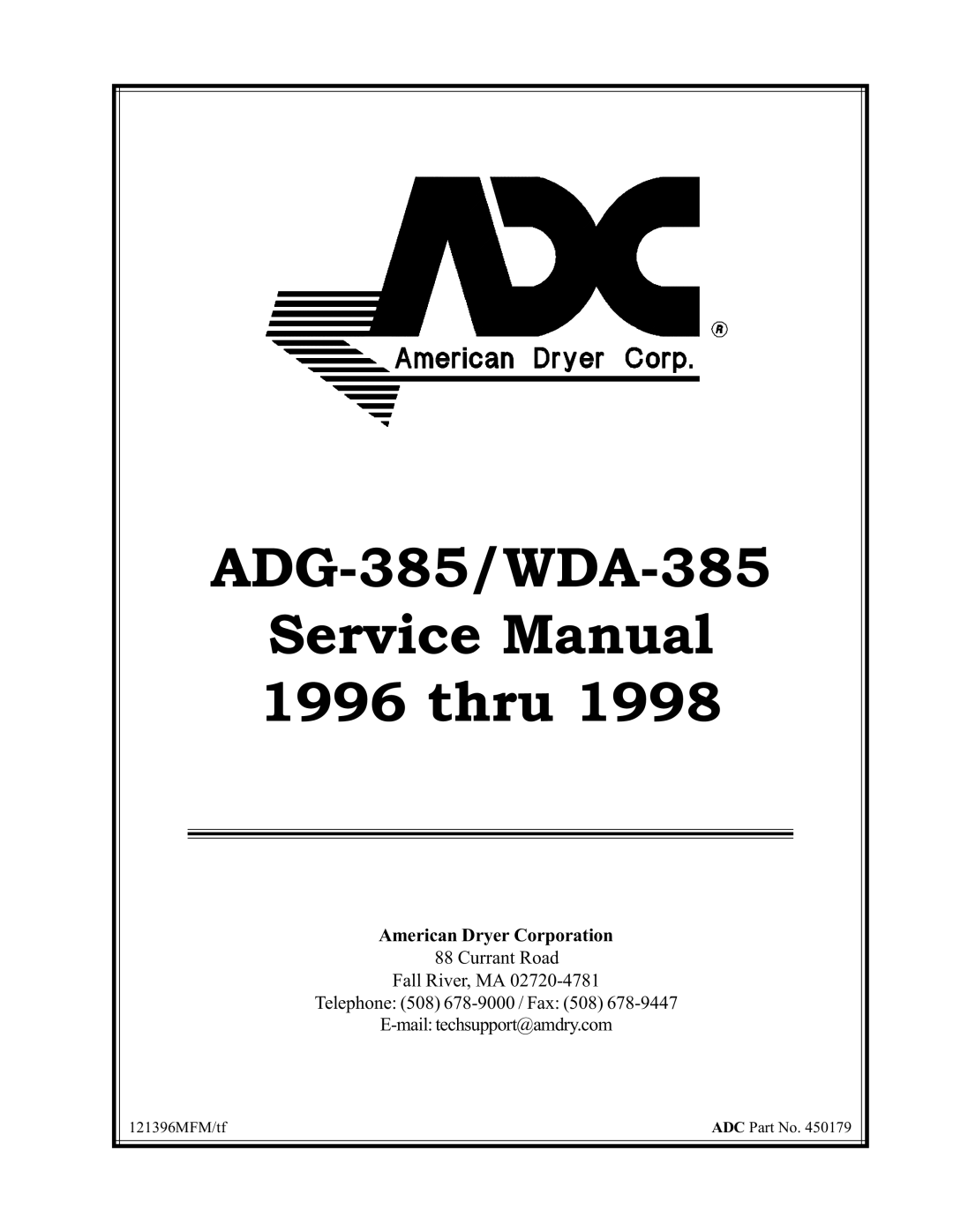 American Dryer Corp service manual ADG-385/WDA-385, Service Manual, thru, 121396MFM/tf, ADC Part No 