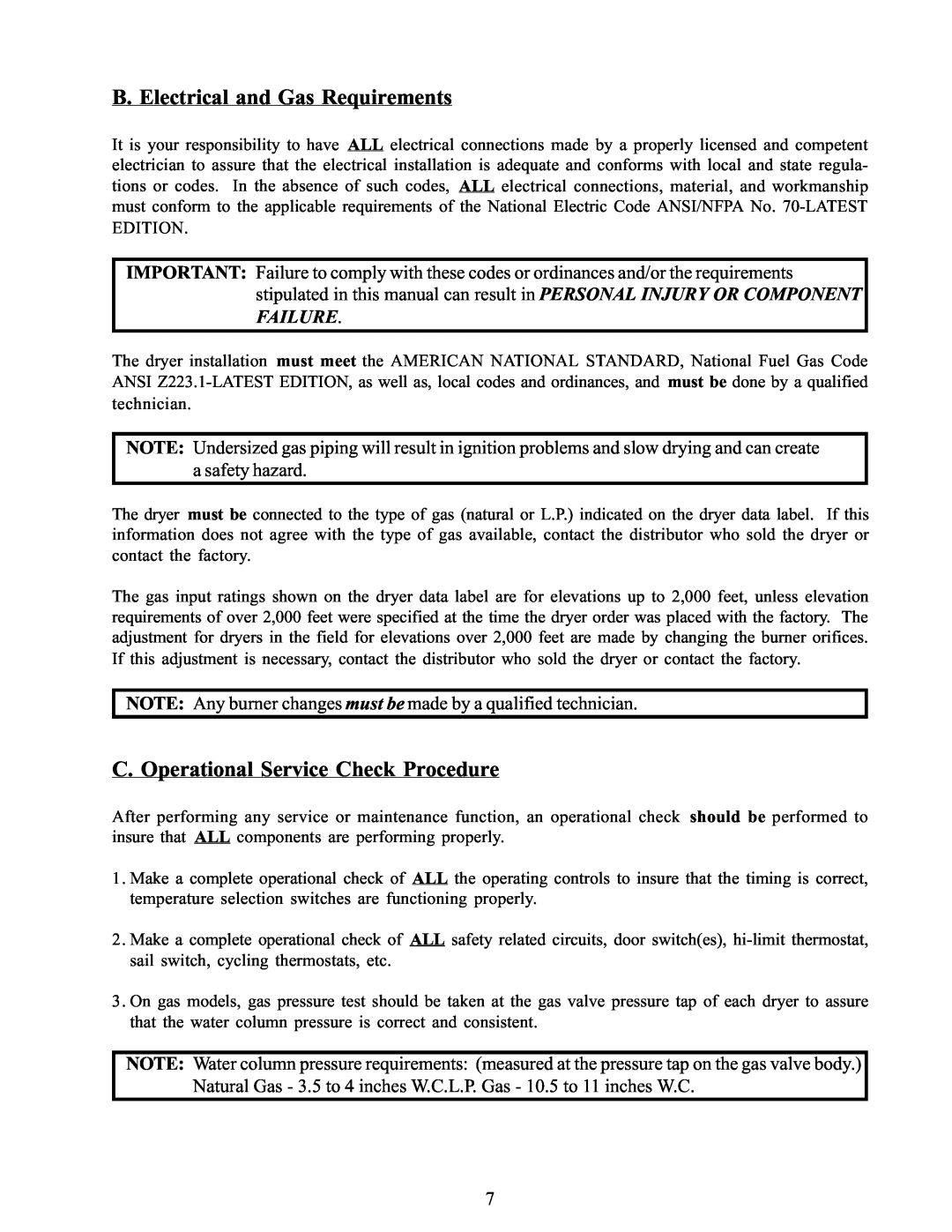 American Dryer Corp WDA-385 service manual B. Electrical and Gas Requirements, C. Operational Service Check Procedure 