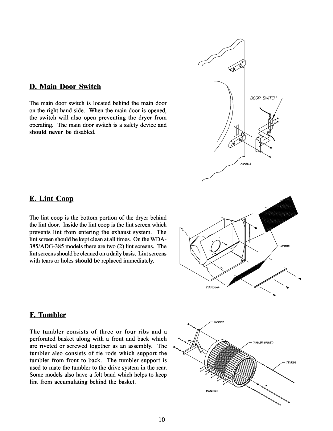 American Dryer Corp WDA-385 service manual D. Main Door Switch, E. Lint Coop, F. Tumbler 