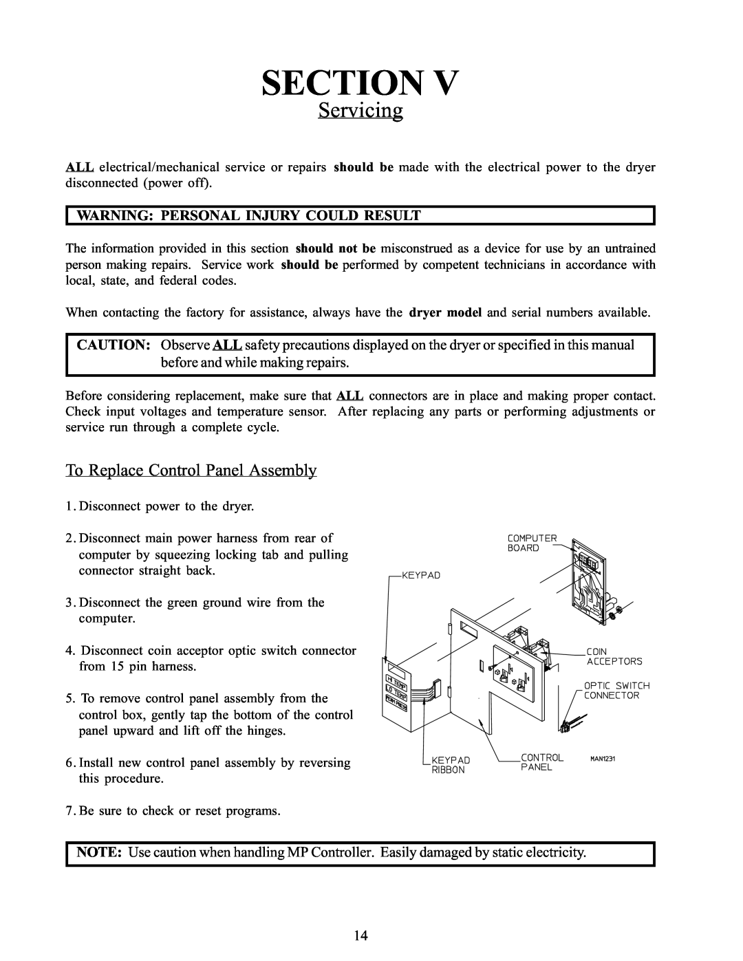 American Dryer Corp WDA-385 service manual Servicing, To Replace Control Panel Assembly, Section 