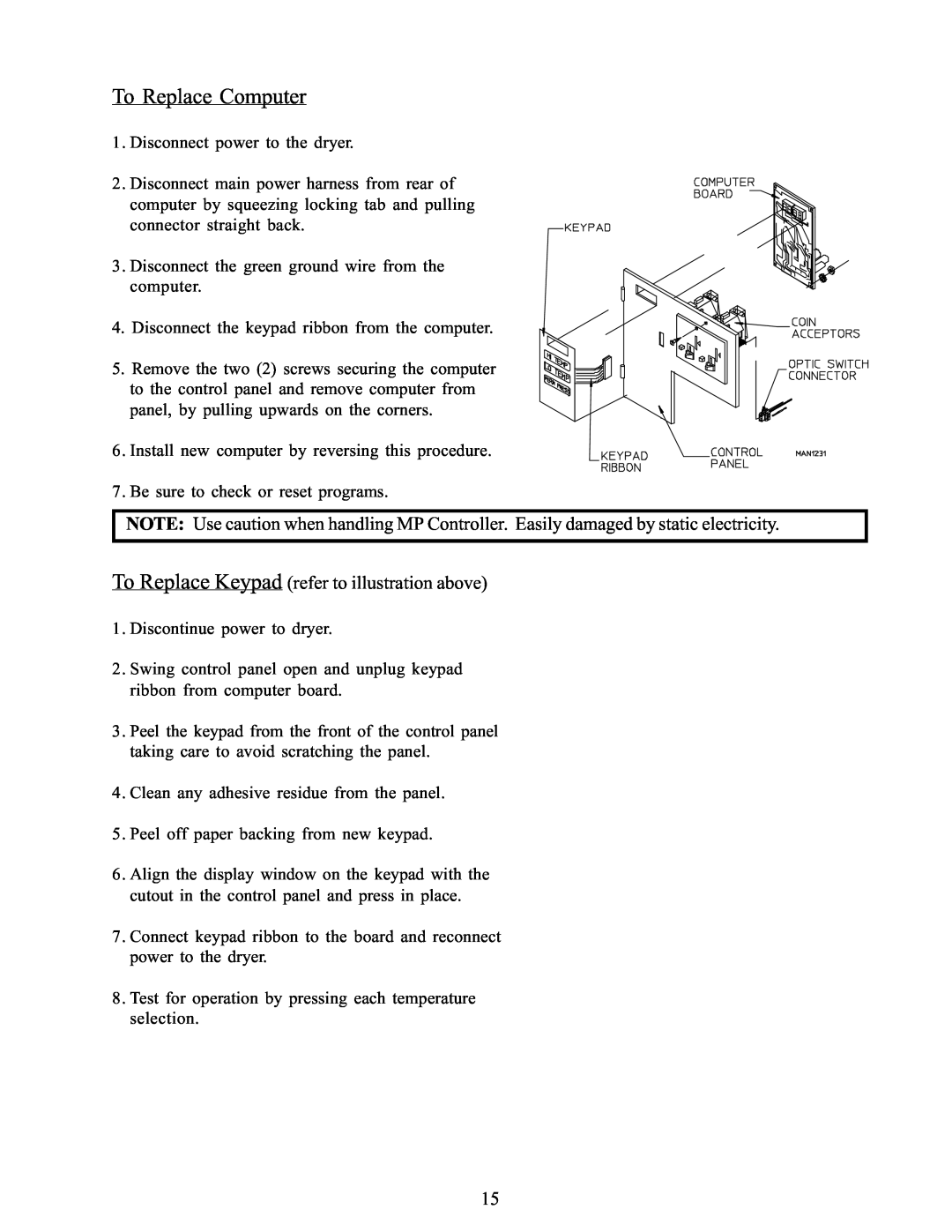 American Dryer Corp WDA-385 service manual To Replace Computer, To Replace Keypad refer to illustration above 