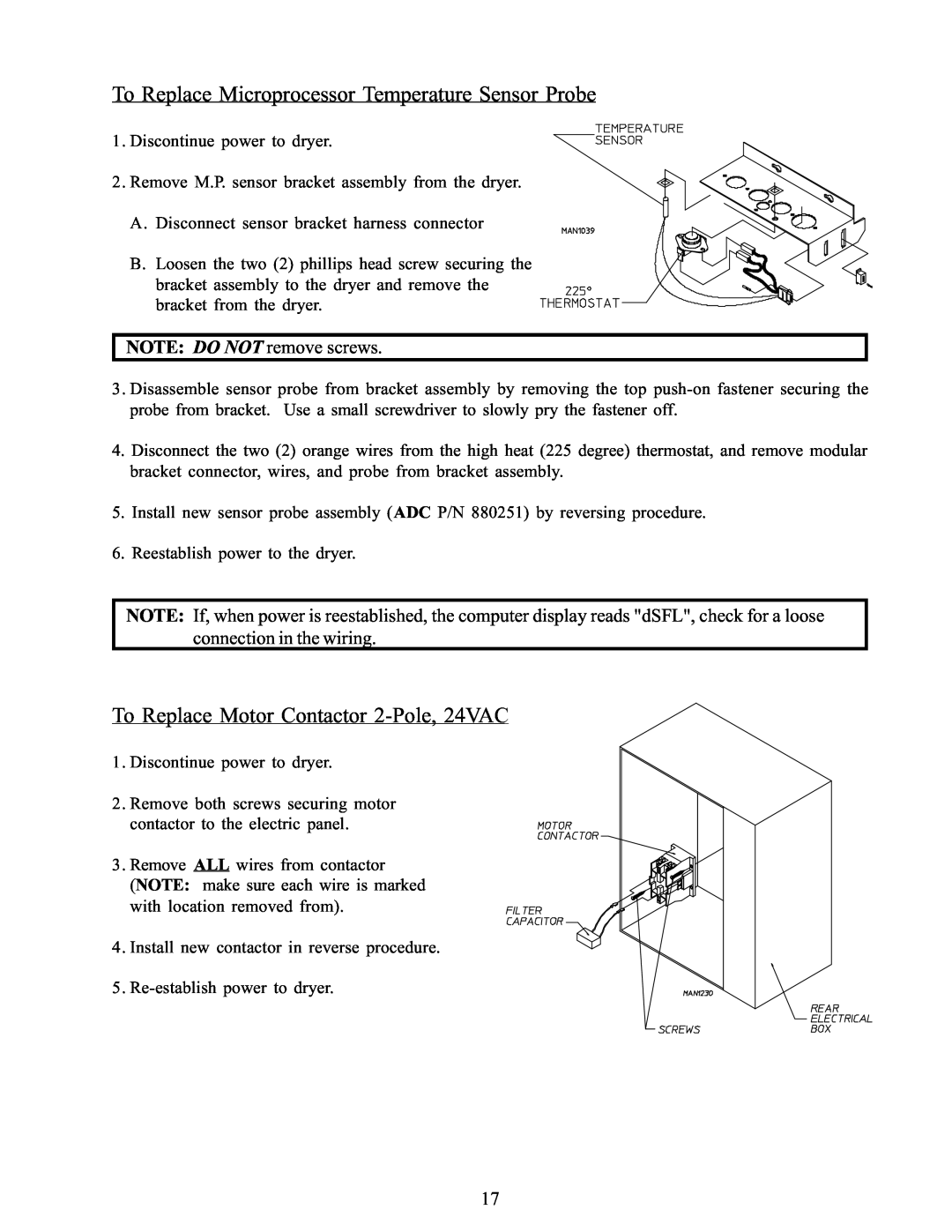 American Dryer Corp WDA-385 To Replace Microprocessor Temperature Sensor Probe, To Replace Motor Contactor 2-Pole, 24VAC 
