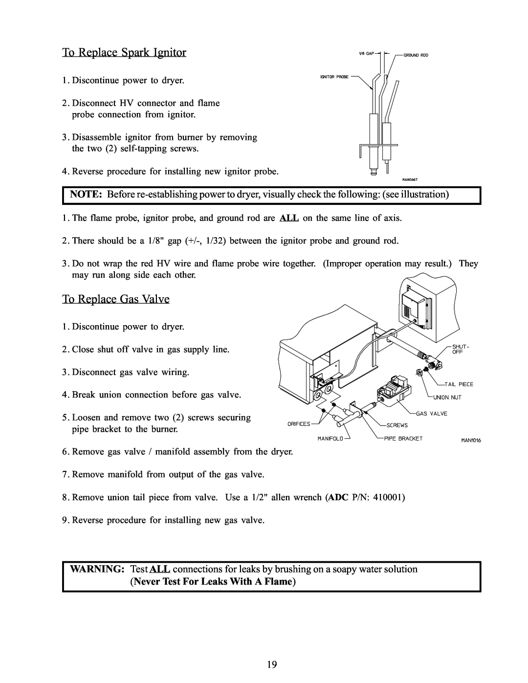 American Dryer Corp WDA-385 service manual To Replace Spark Ignitor, To Replace Gas Valve 