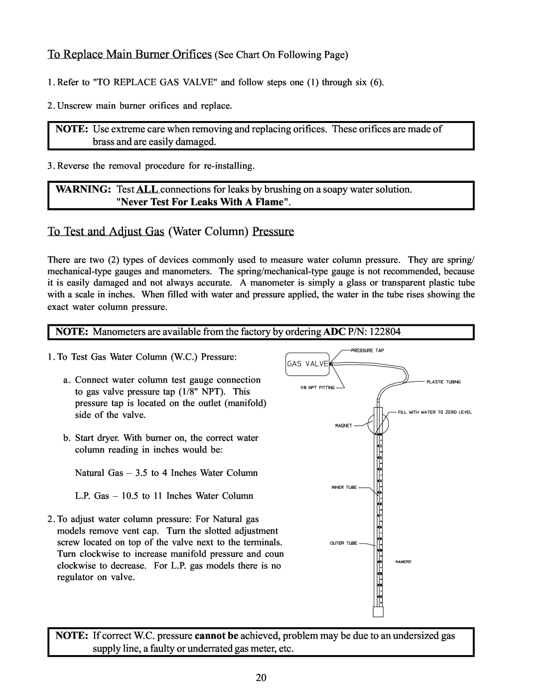 American Dryer Corp WDA-385 service manual To Replace Main Burner Orifices See Chart On Following Page 
