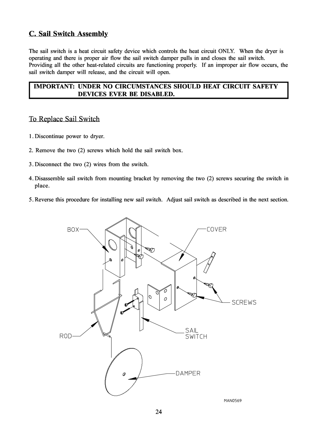 American Dryer Corp WDA-385 service manual C. Sail Switch Assembly, To Replace Sail Switch 