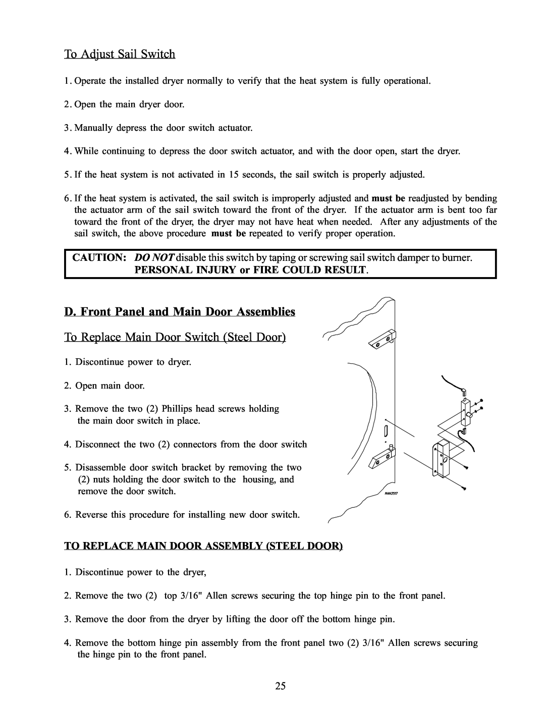 American Dryer Corp WDA-385 service manual To Adjust Sail Switch, D. Front Panel and Main Door Assemblies 