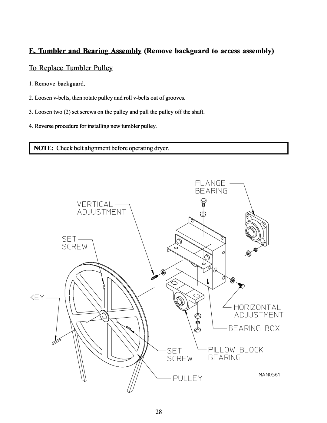 American Dryer Corp WDA-385 E. Tumbler and Bearing Assembly Remove backguard to access assembly, To Replace Tumbler Pulley 