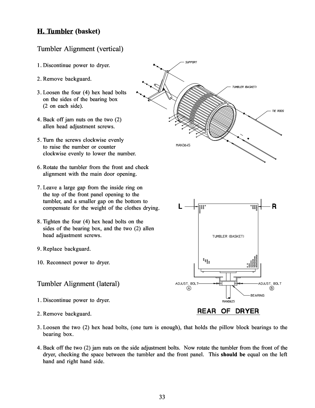 American Dryer Corp WDA-385 service manual H. Tumbler basket Tumbler Alignment vertical, Tumbler Alignment lateral 