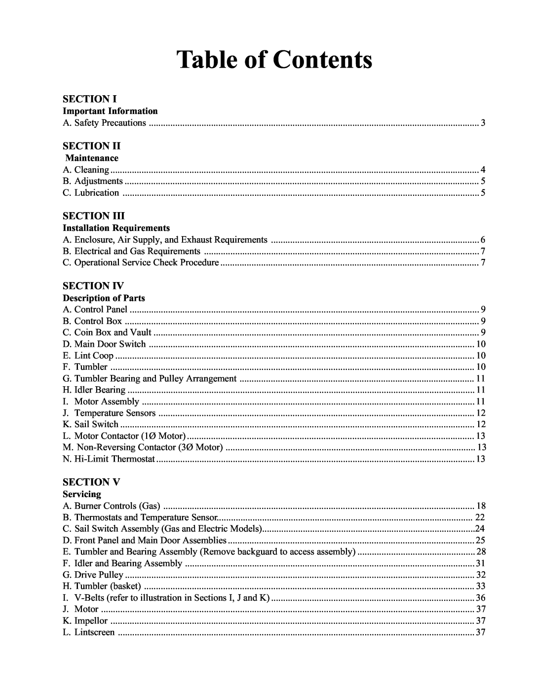 American Dryer Corp WDA-385 Table of Contents, Important Information, Maintenance, Installation Requirements, Servicing 