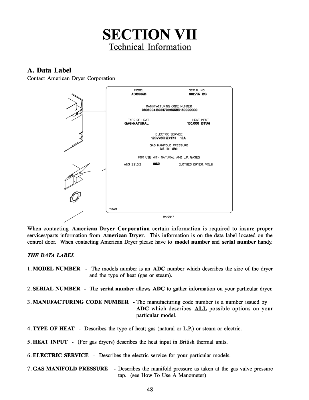 American Dryer Corp WDA-385 service manual Technical Information, A. Data Label, Section 