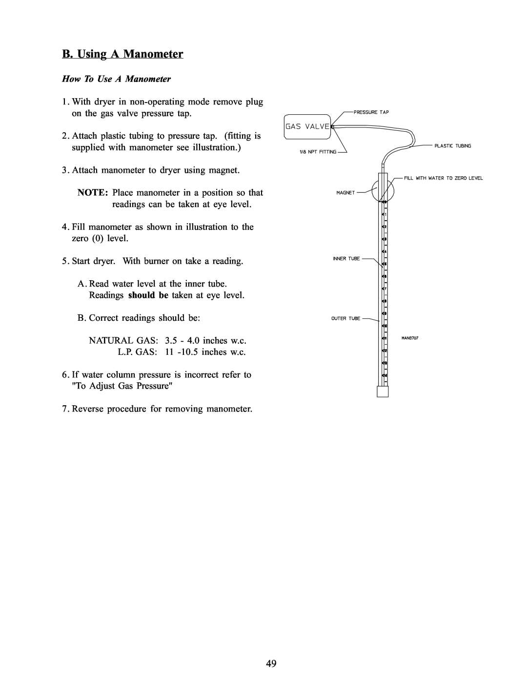 American Dryer Corp WDA-385 service manual B. Using A Manometer 