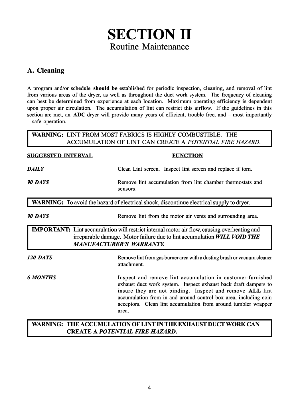 American Dryer Corp WDA-385 service manual Routine Maintenance, A. Cleaning, Section 