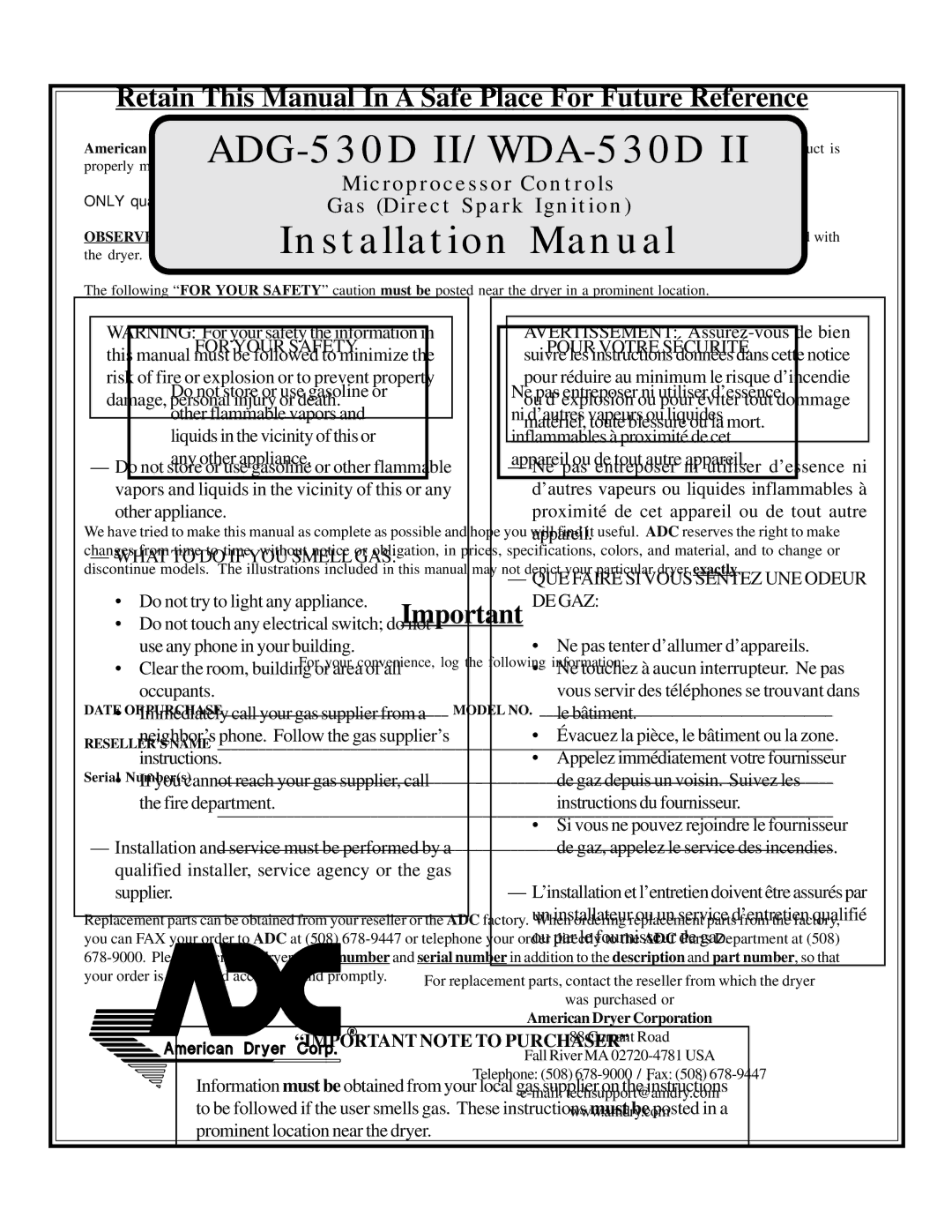 American Dryer Corp WDA-530D II, ADG-530D II installation manual Retain This Manual In a Safe Place For Future Reference 