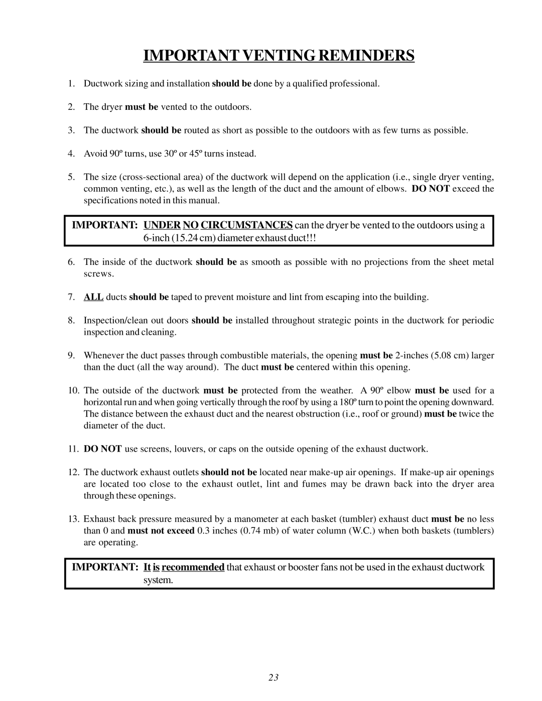 American Dryer Corp ADG-530D II, WDA-530D II installation manual Important Venting Reminders 