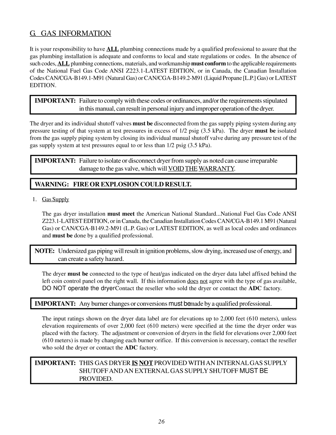 American Dryer Corp WDA-530D II, ADG-530D II installation manual GAS Information 