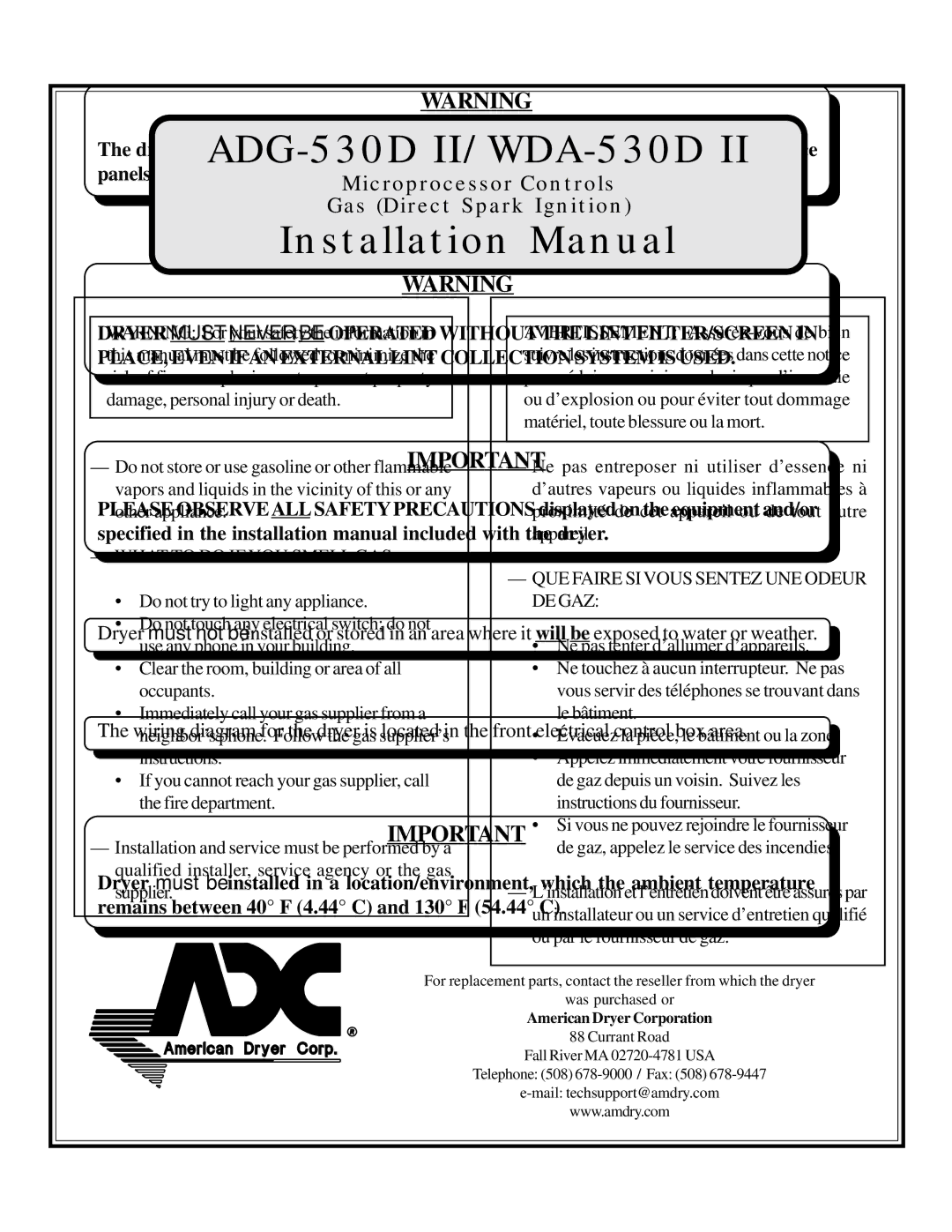 American Dryer Corp WDA-530D II, ADG-530D II installation manual 