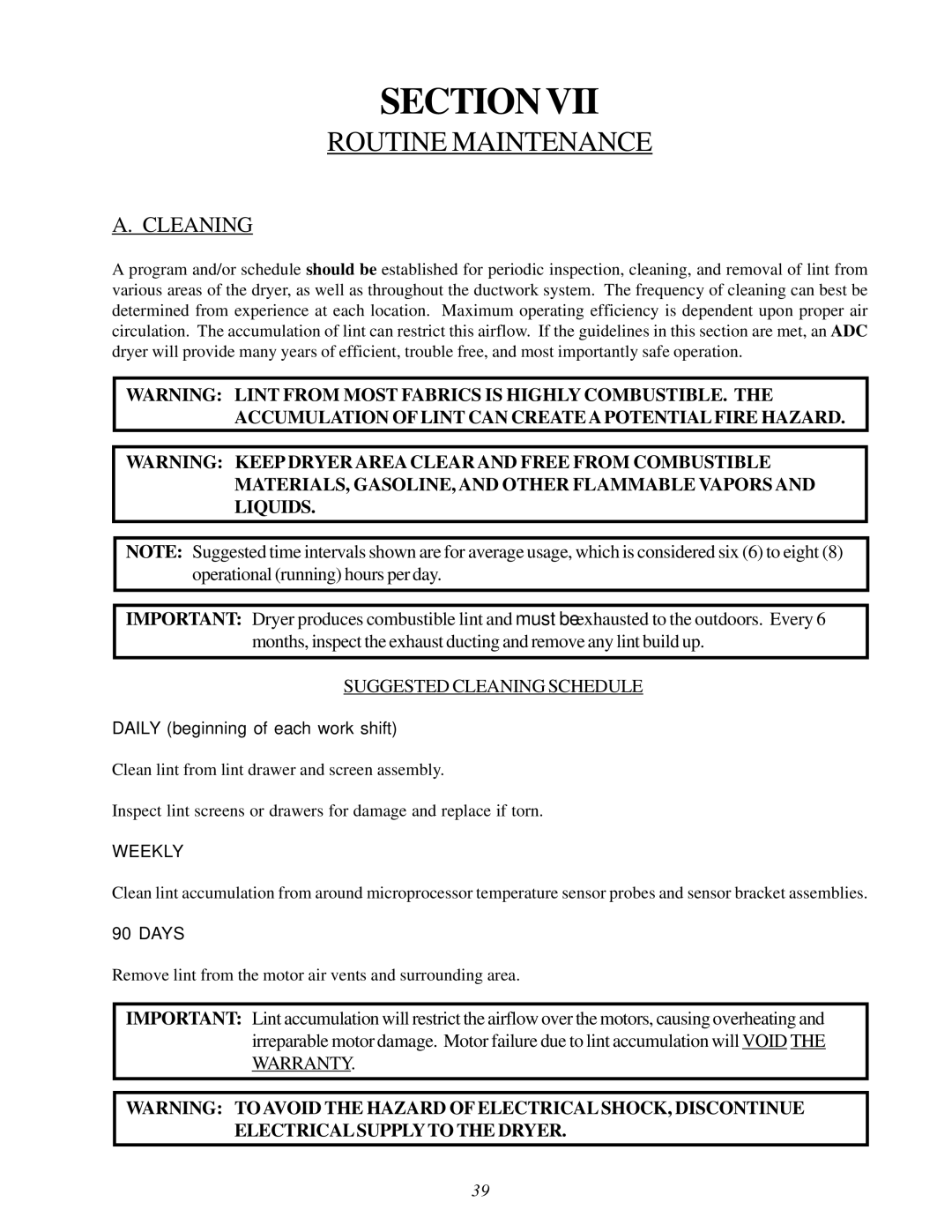 American Dryer Corp ADG-530D II, WDA-530D II installation manual Routine Maintenance, Cleaning 