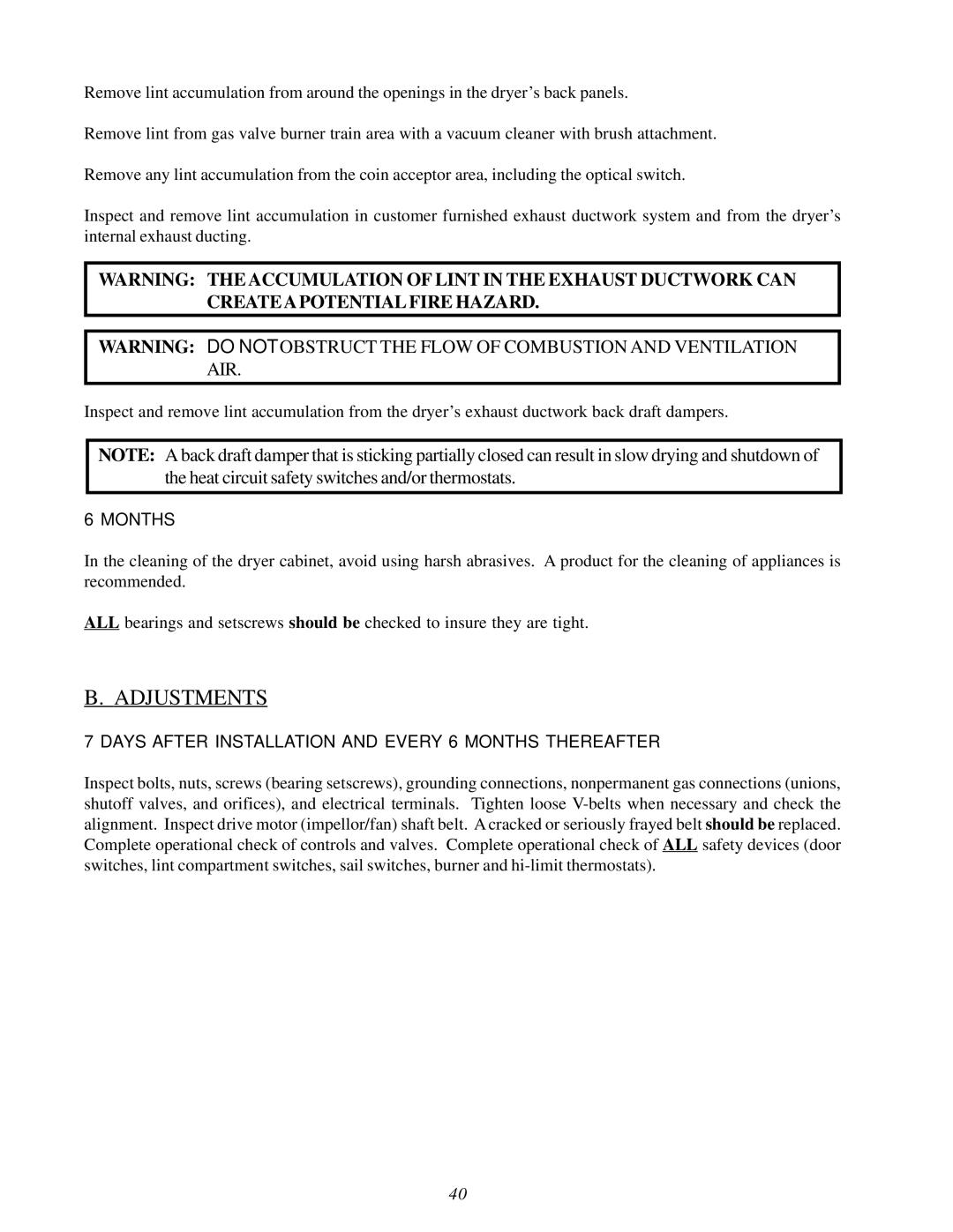 American Dryer Corp WDA-530D II, ADG-530D II installation manual Adjustments, Months 