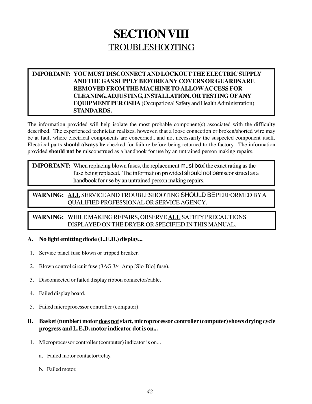 American Dryer Corp WDA-530D II, ADG-530D II installation manual Sectionviii, Troubleshooting 