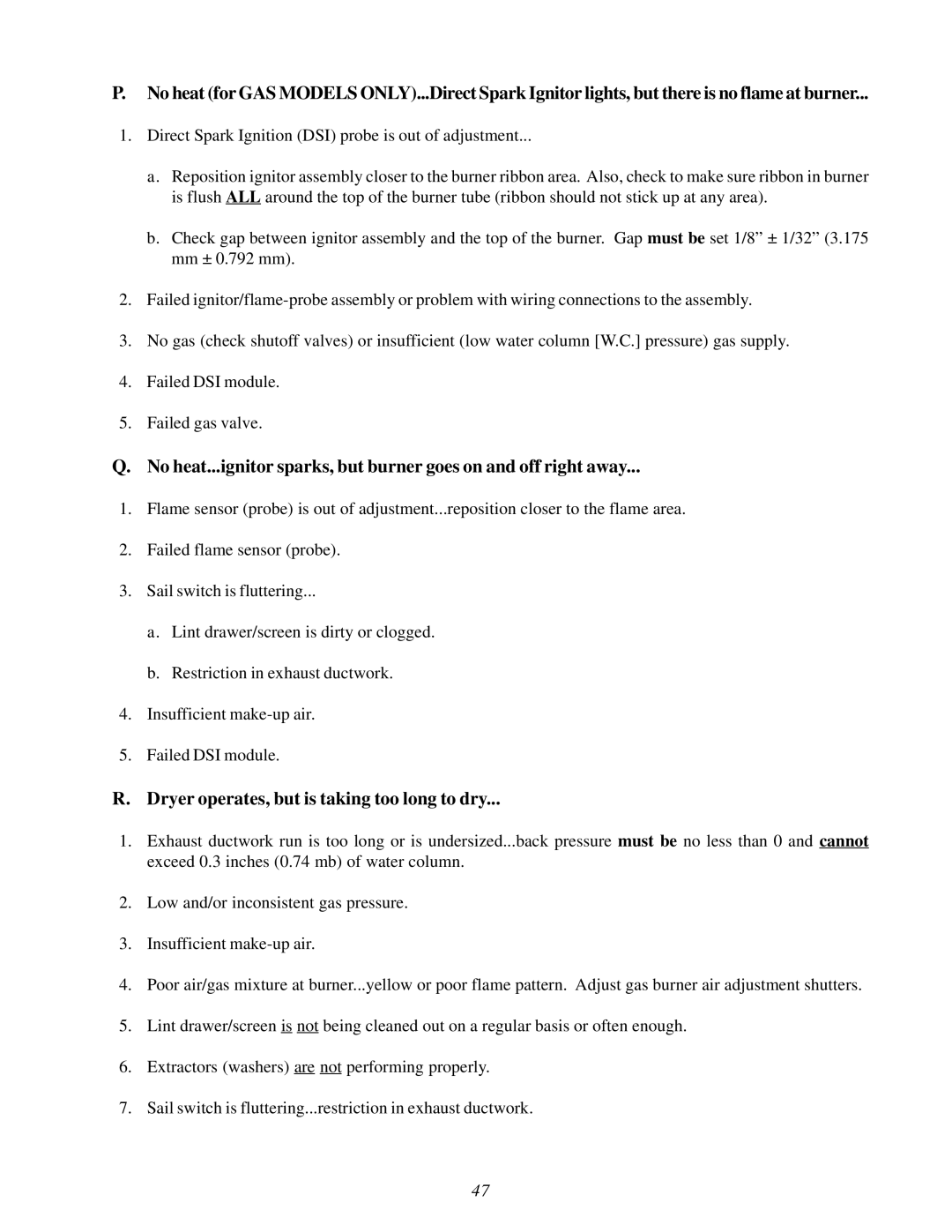 American Dryer Corp ADG-530D II, WDA-530D II installation manual Dryer operates, but is taking too long to dry 