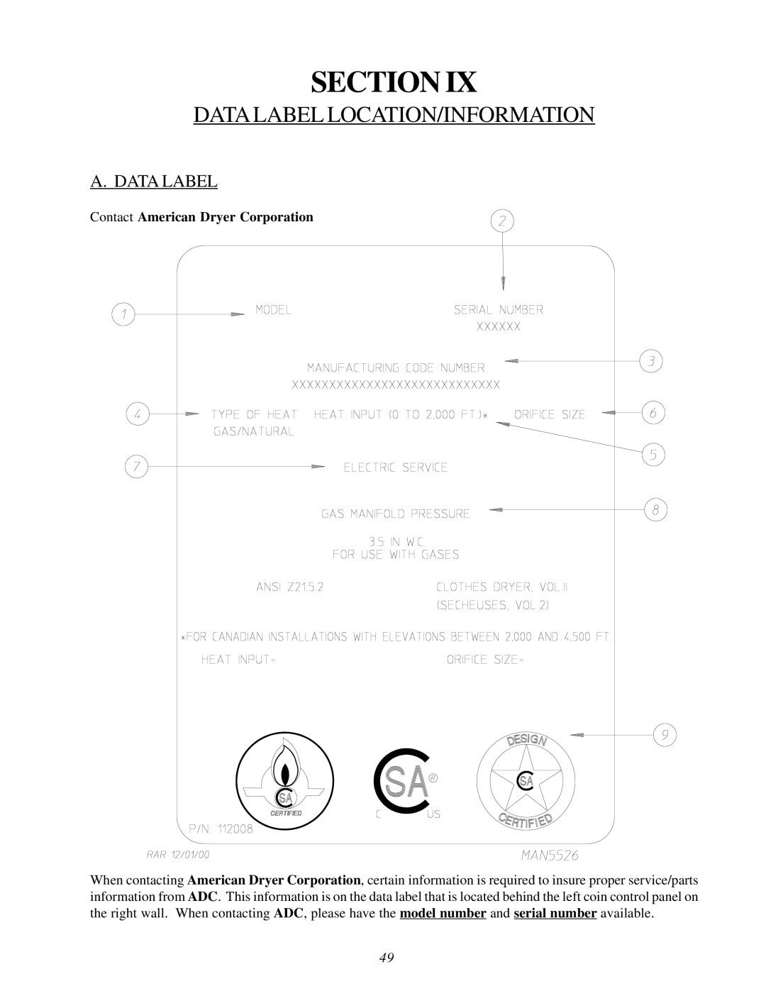 American Dryer Corp ADG-530D II, WDA-530D II installation manual Datalabel LOCATION/INFORMATION, Data Label 