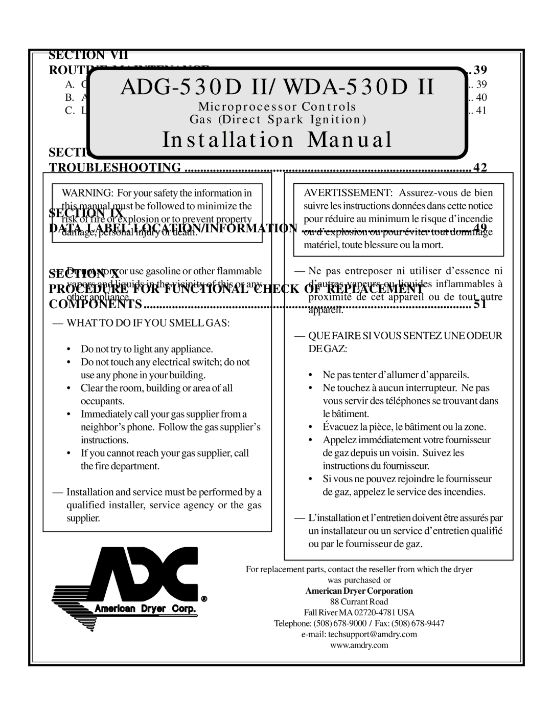 American Dryer Corp WDA-530D II, ADG-530D II installation manual Section Procedure for Functional Check of Replacement 