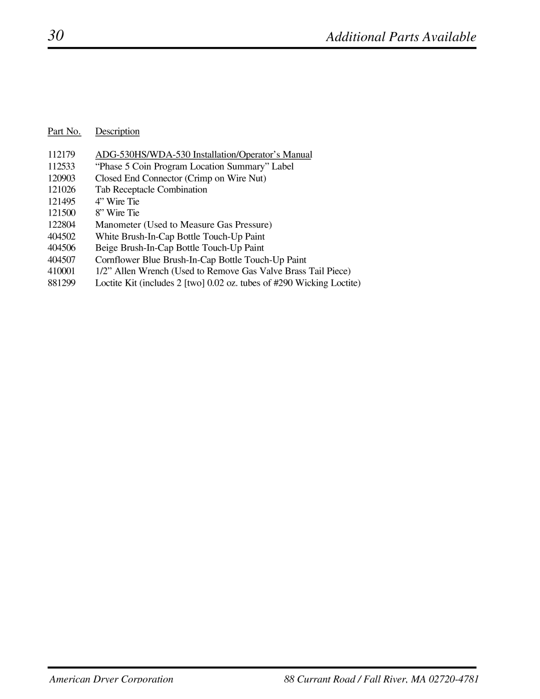 American Dryer Corp WDA-530DSi II, ADG-530DSi II manual Additional Parts Available 