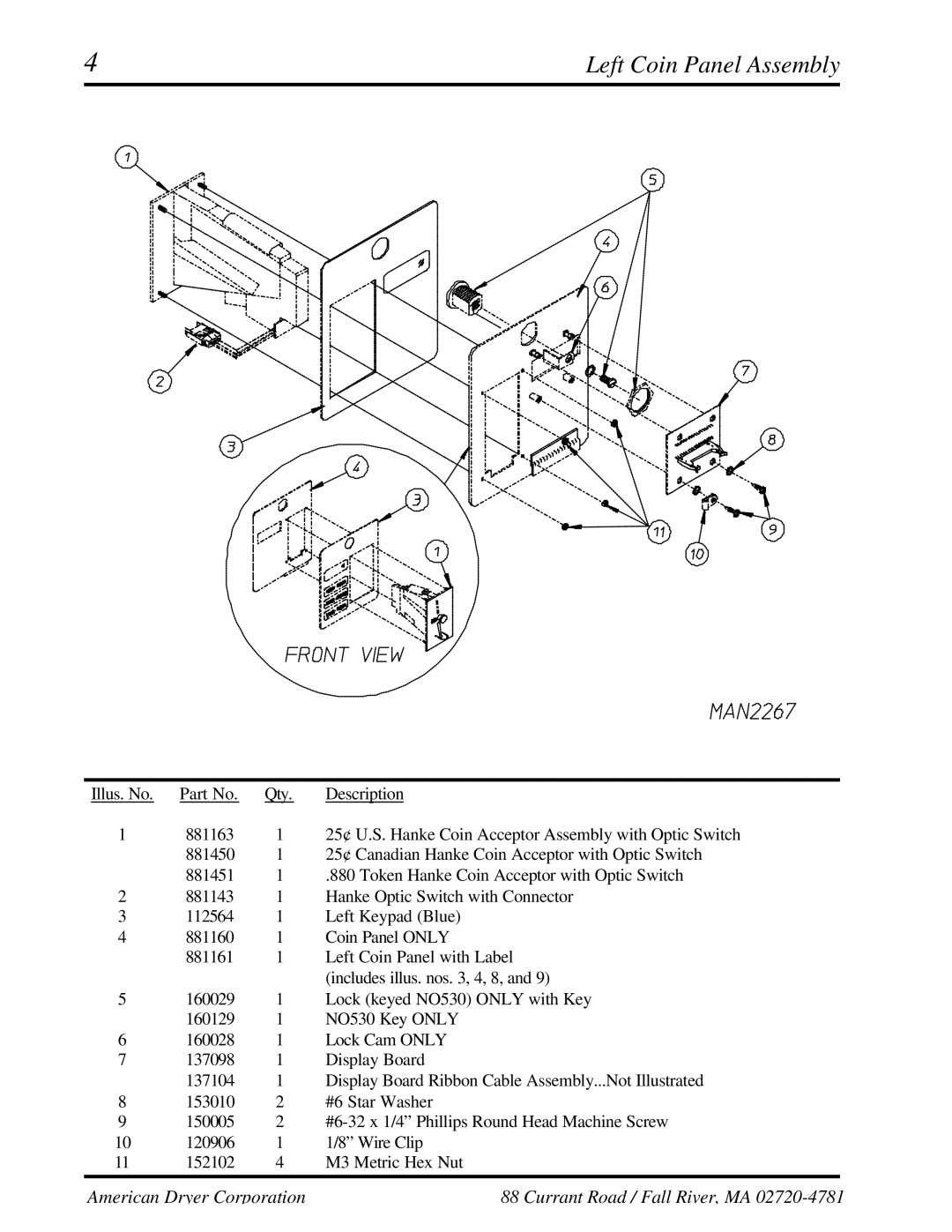 American Dryer Corp WDA-530DSi II, ADG-530DSi II manual Left Coin Panel Assembly 