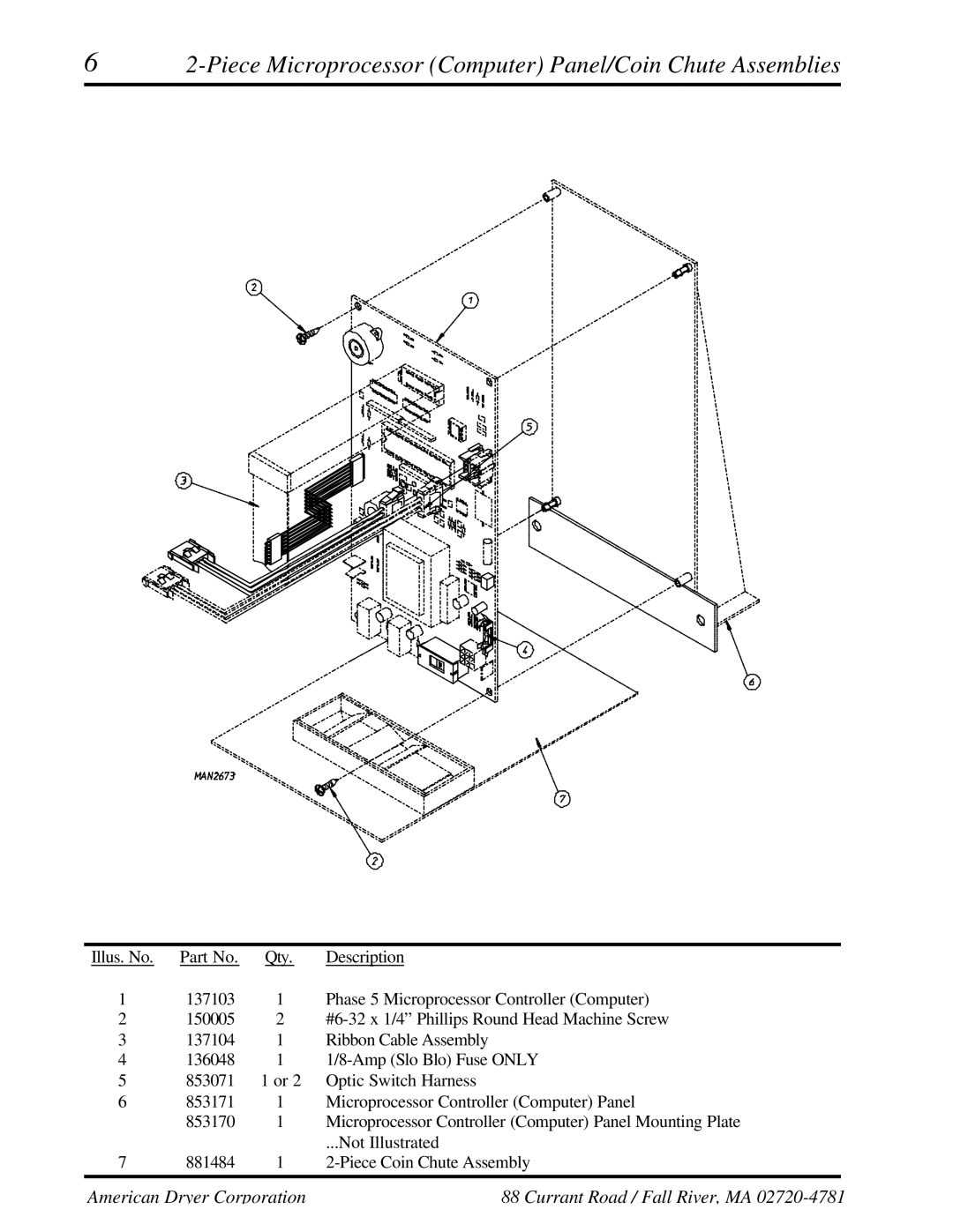 American Dryer Corp WDA-530DSi II, ADG-530DSi II manual Piece Microprocessor Computer Panel/Coin Chute Assemblies 