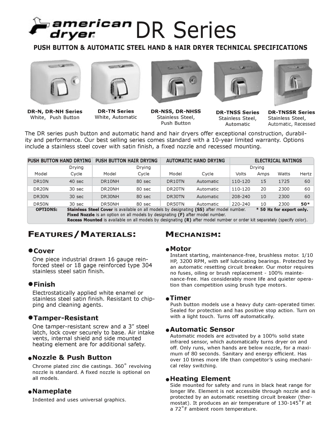 American Dryer DR-N technical specifications Cover, Finish, Tamper-Resistant, Nozzle & Push Button, Nameplate, Motor 