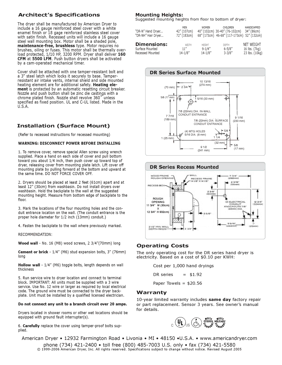 American Dryer DR-NSS Architect’s Specifications, Mounting Heights, Dimensions, Installation Surface Mount, Warranty 