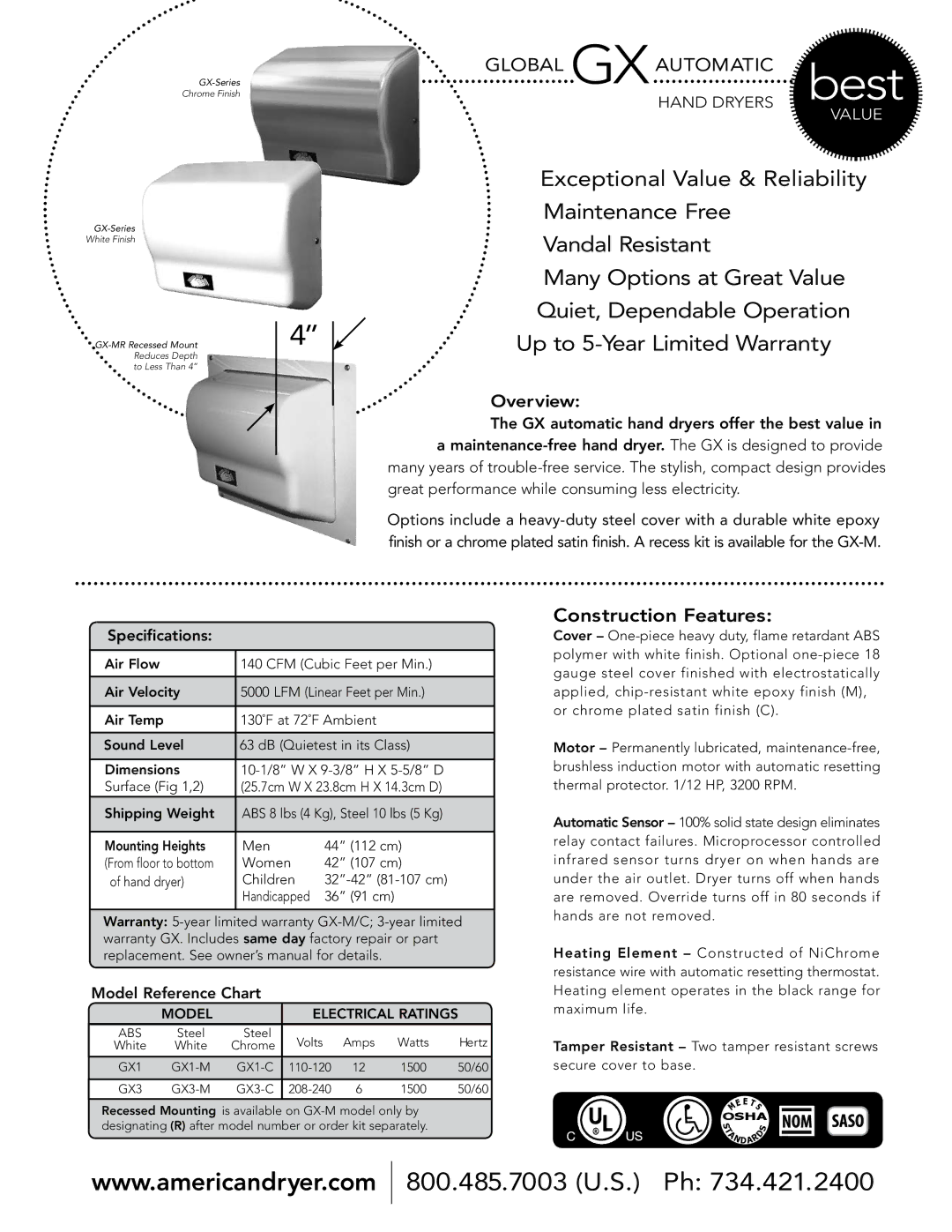 American Dryer GX1-M specifications Construction Features, Overview, Model Reference Chart, Model Electrical Ratings 