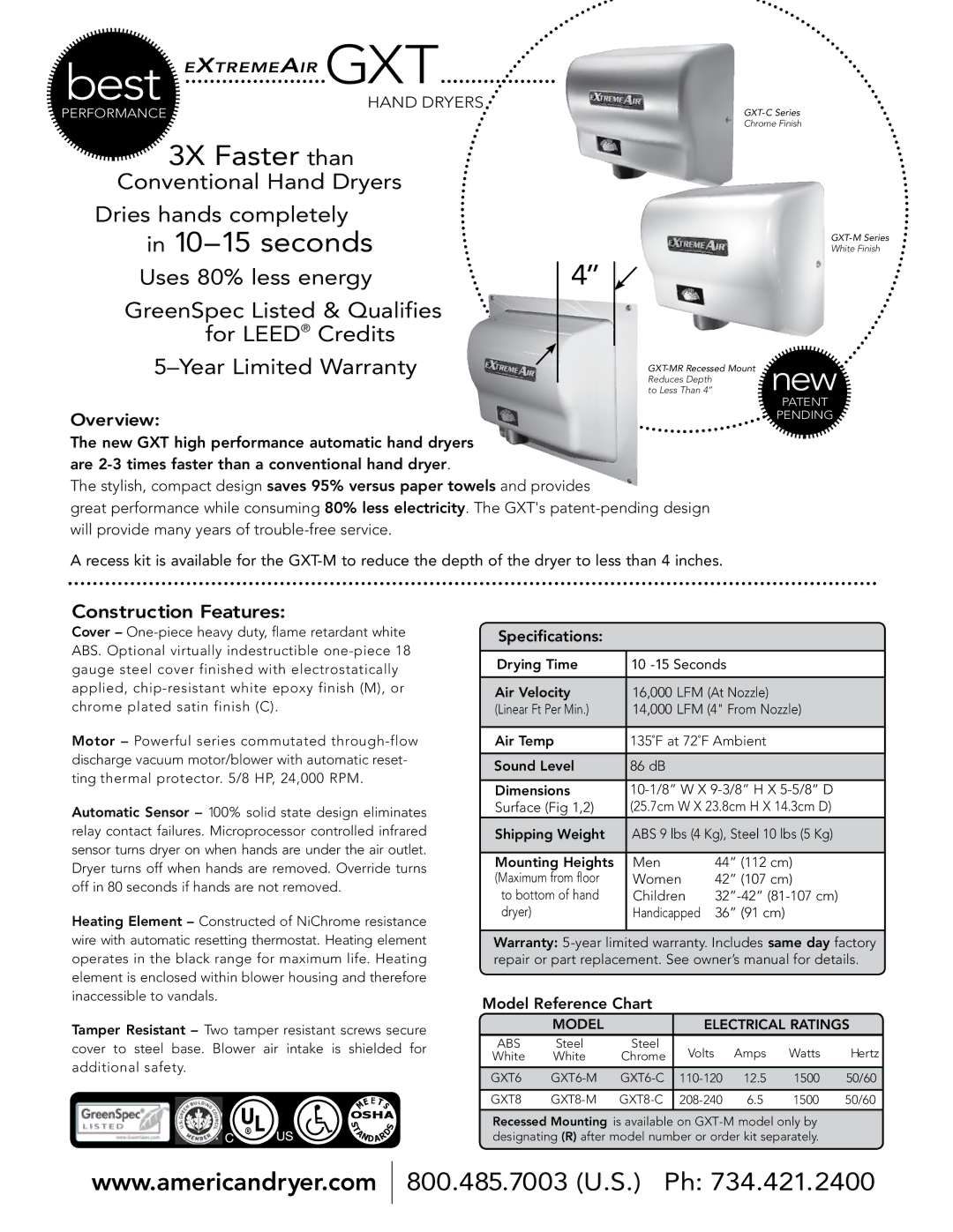 American Dryer GXT6-C specifications seconds, Construction Features 