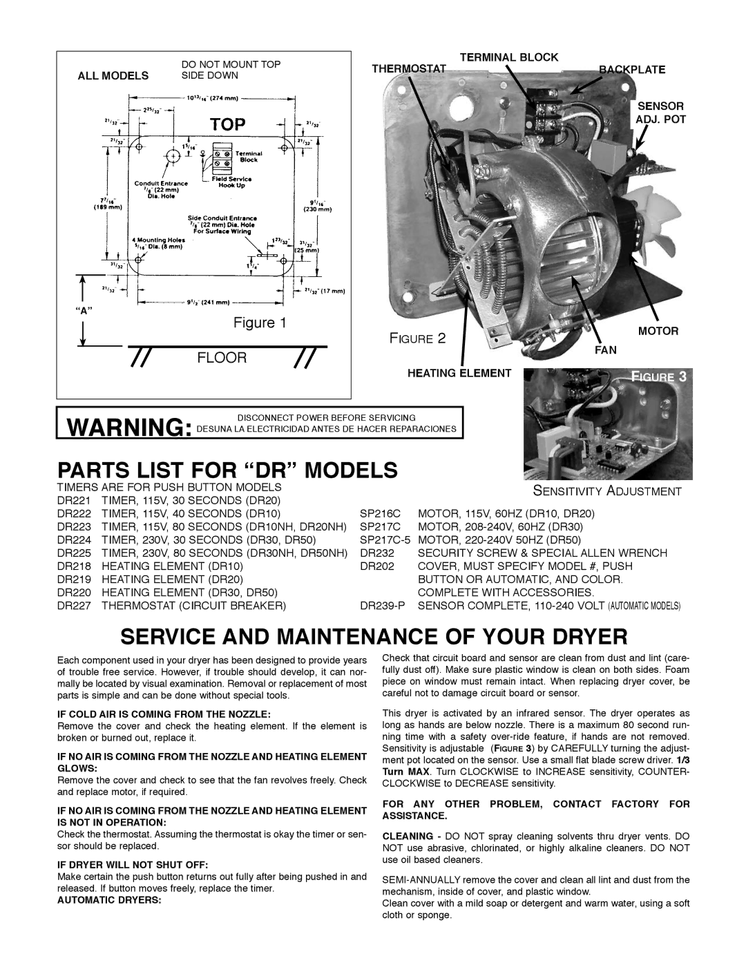 American Dryer Hand and Hair Dryer owner manual Parts List for DR Models, Service and Maintenance of Your Dryer 