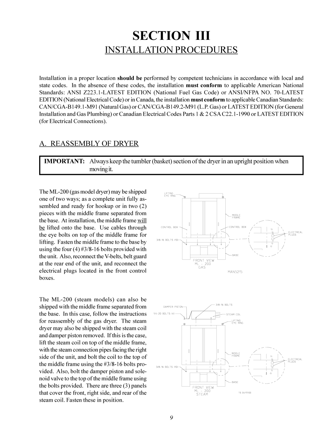 American Dryer ML-200 manual Installation Procedures, Reassembly of Dryer 