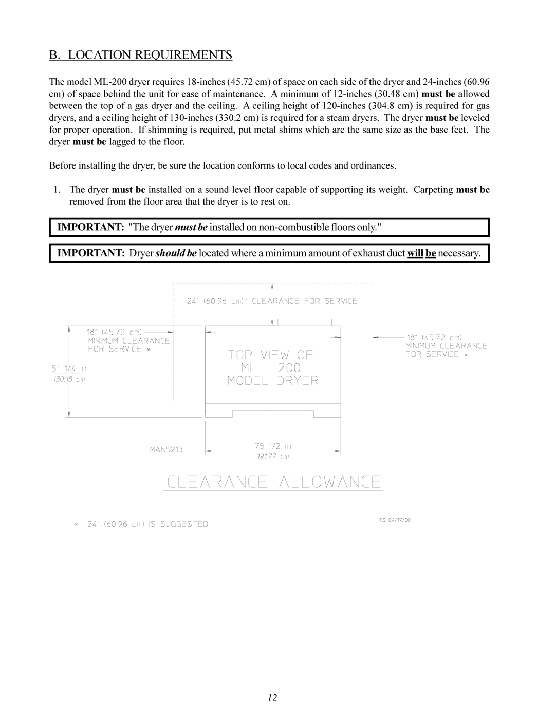 American Dryer ML-200 manual Location Requirements 