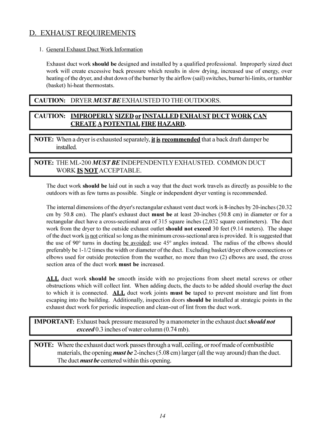 American Dryer ML-200 manual Exhaust Requirements 