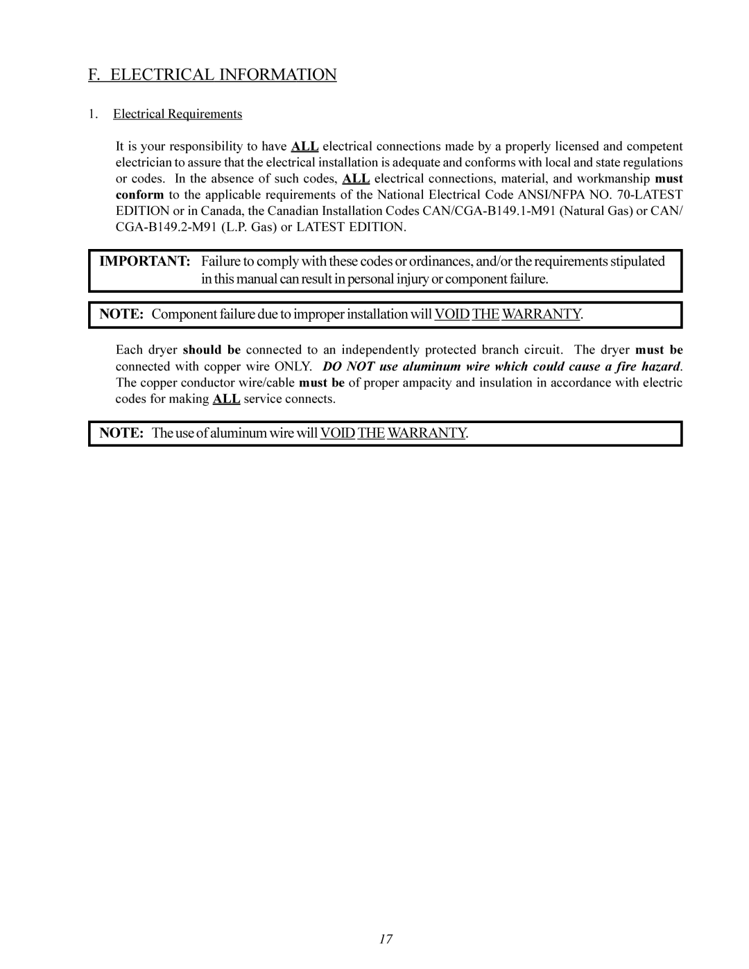 American Dryer ML-200 manual Electrical Information, Electrical Requirements 