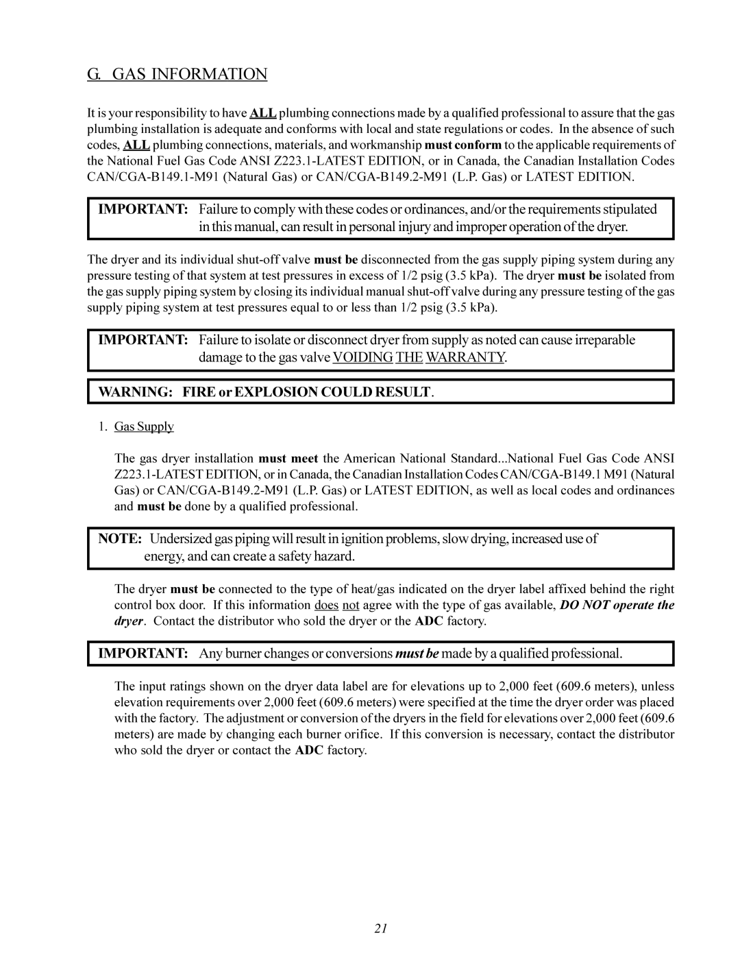 American Dryer ML-200 manual GAS Information 