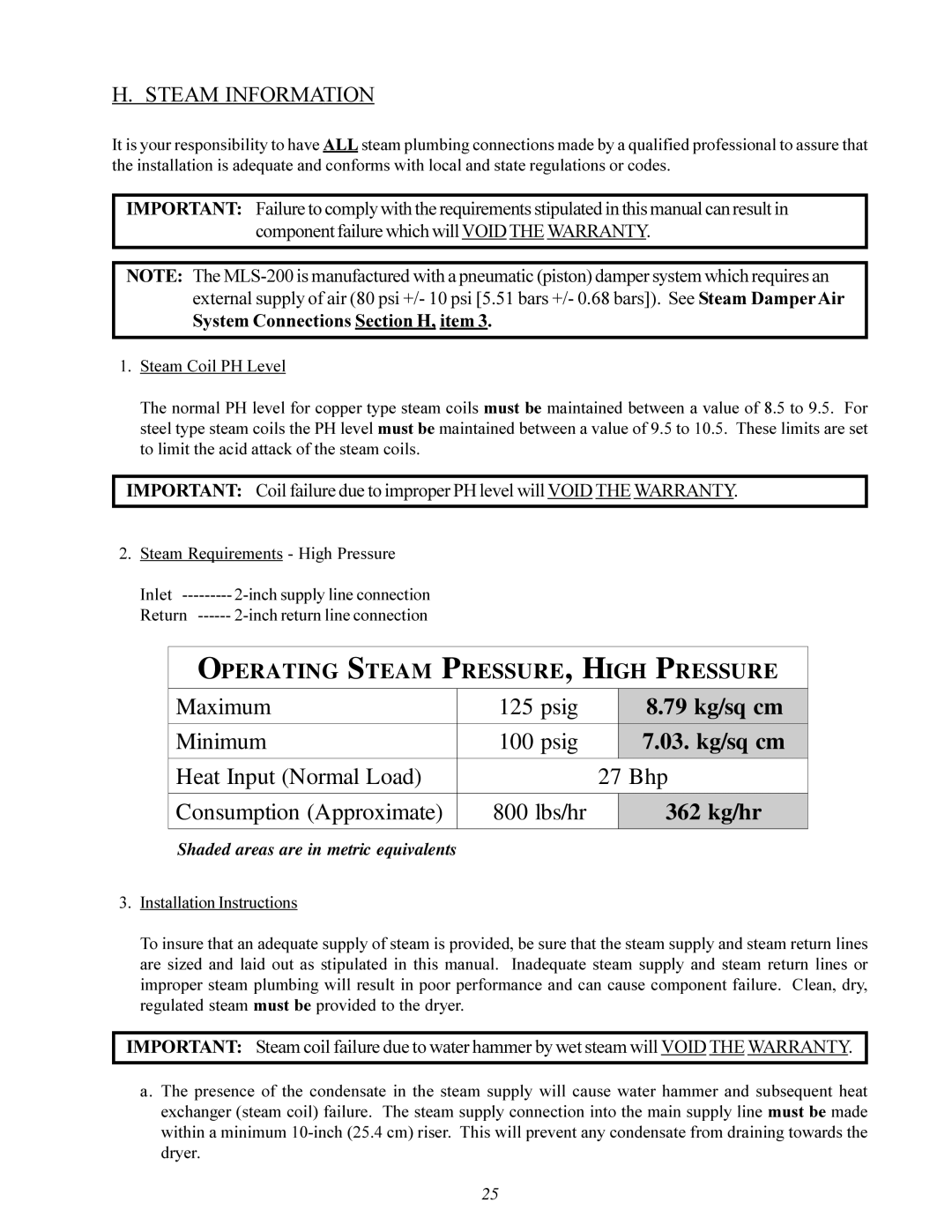 American Dryer ML-200 manual Steam Information, System Connections Section H, item 