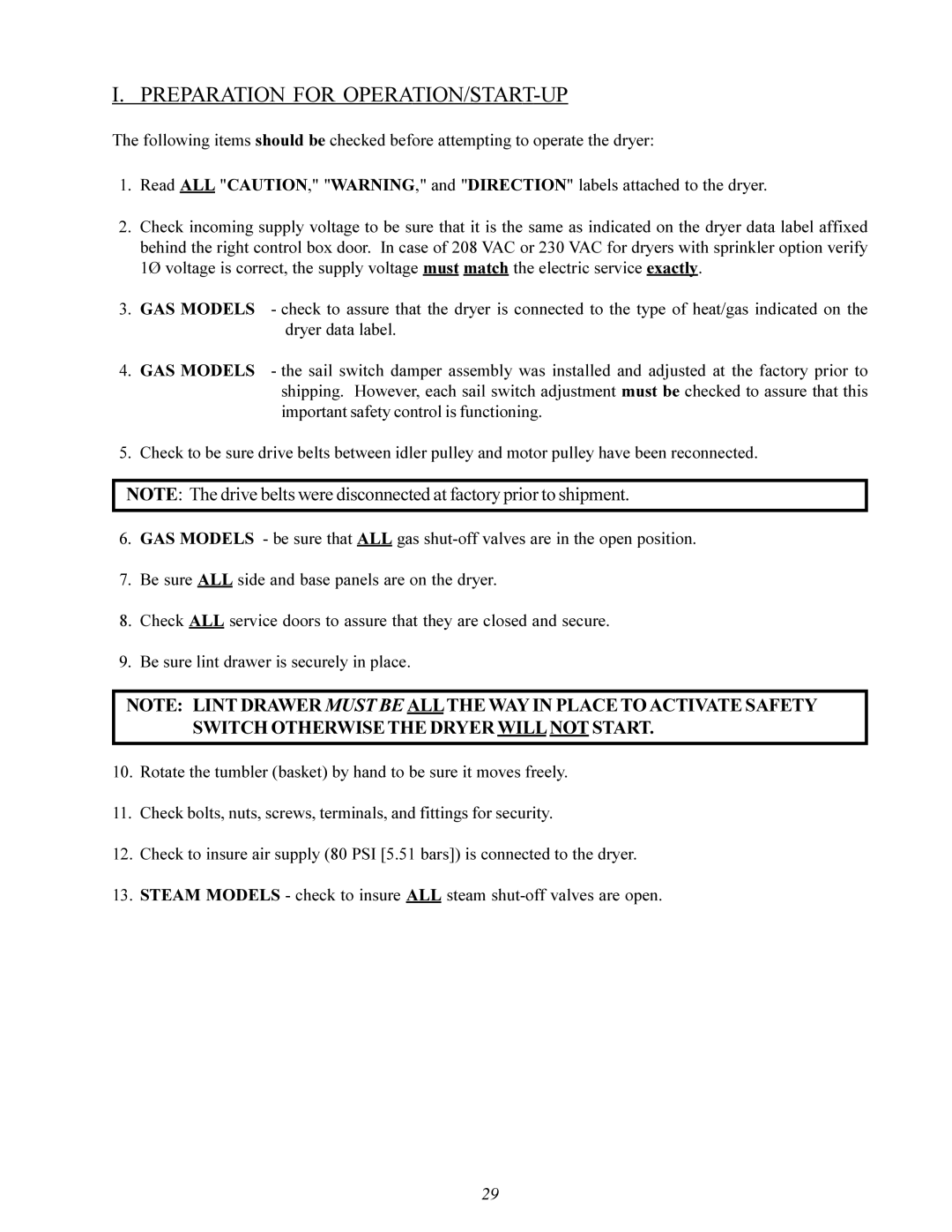 American Dryer ML-200 manual Preparation for OPERATION/START-UP 