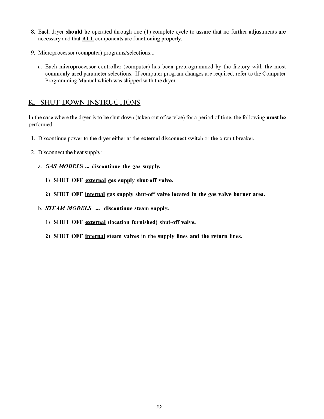 American Dryer ML-200 manual Shut Down Instructions 