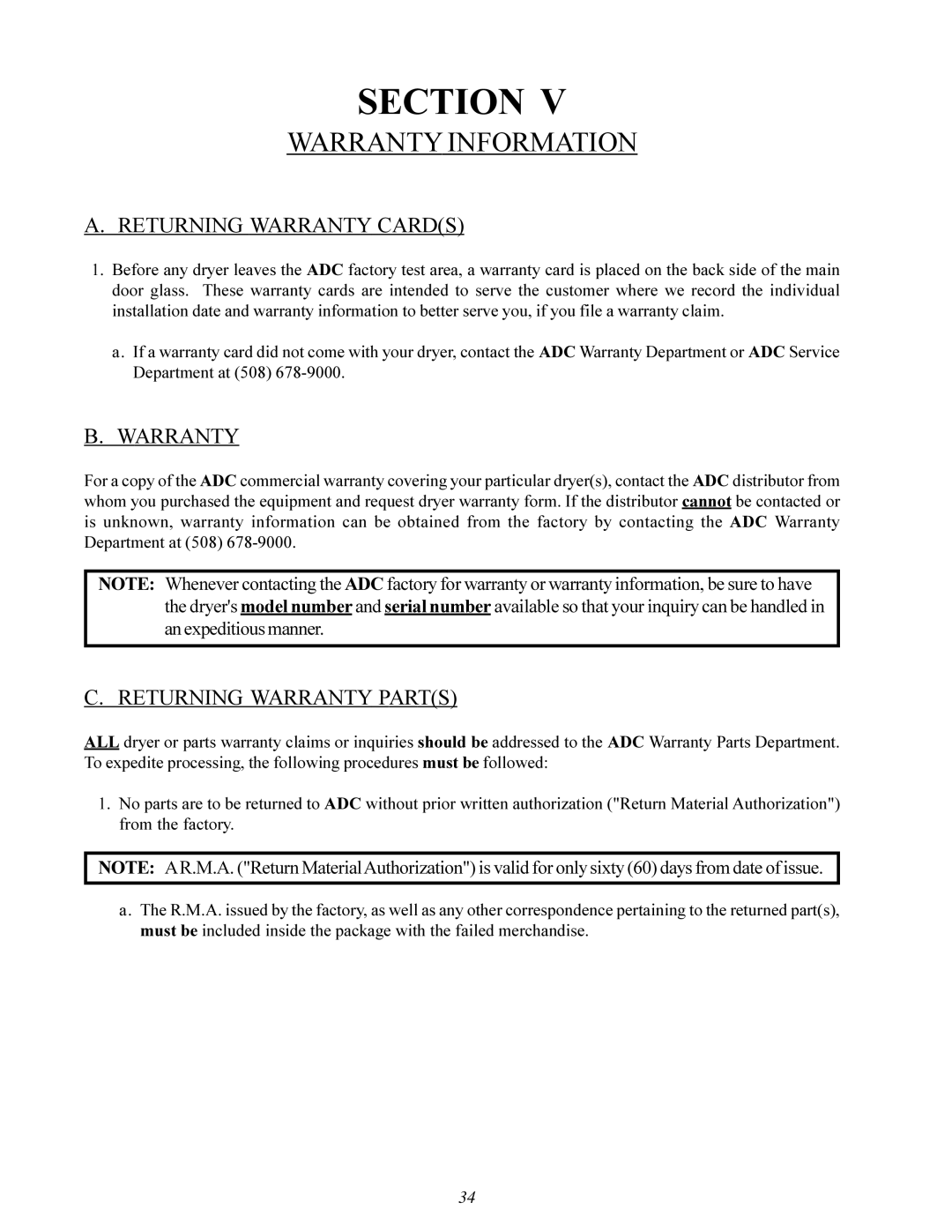 American Dryer ML-200 manual Warranty Information, Returning Warranty Cards, Returning Warranty Parts 