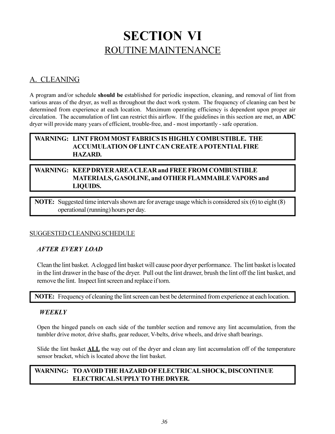 American Dryer ML-200 manual Routine Maintenance, Cleaning 