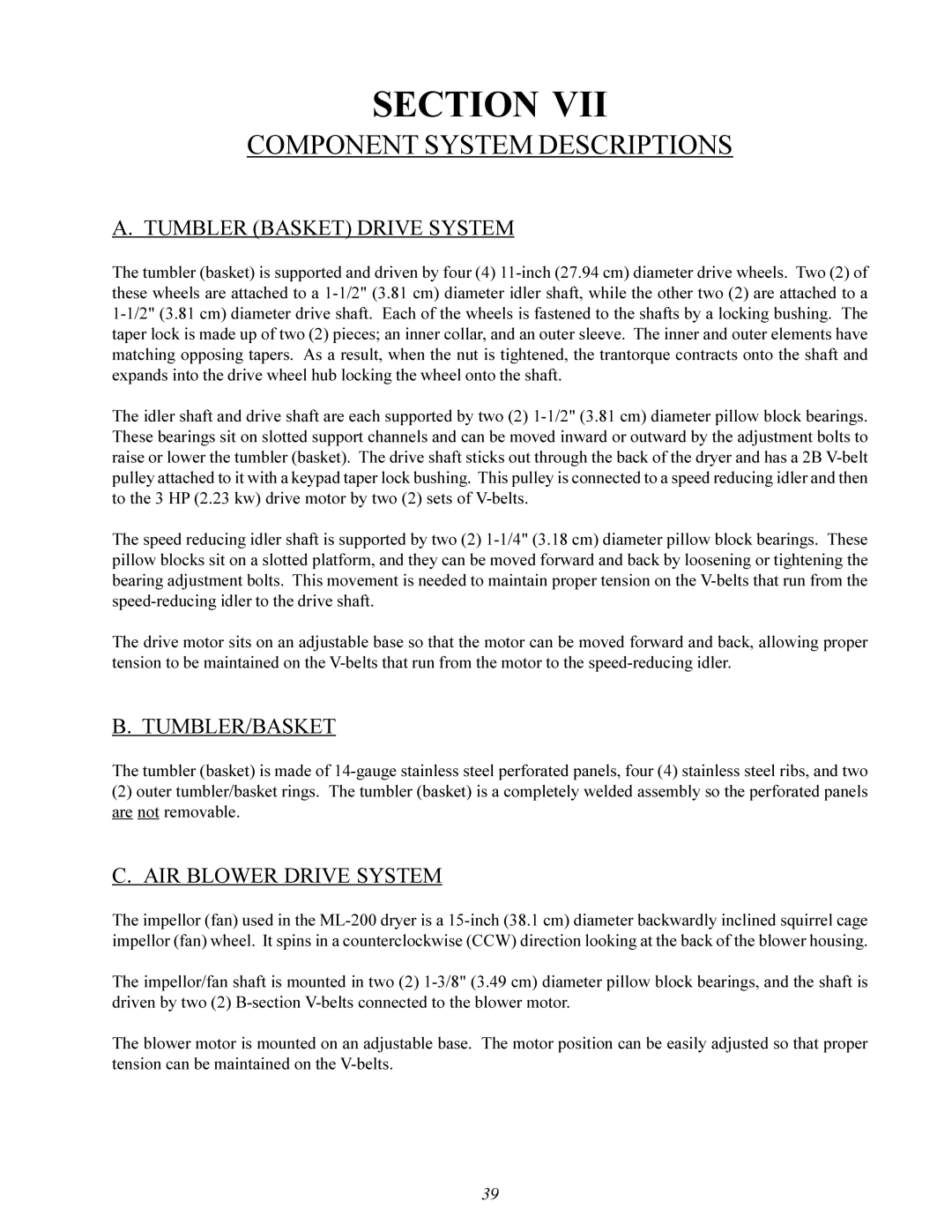 American Dryer ML-200 Component System Descriptions, Tumbler Basket Drive System, Tumbler/Basket, AIR Blower Drive System 