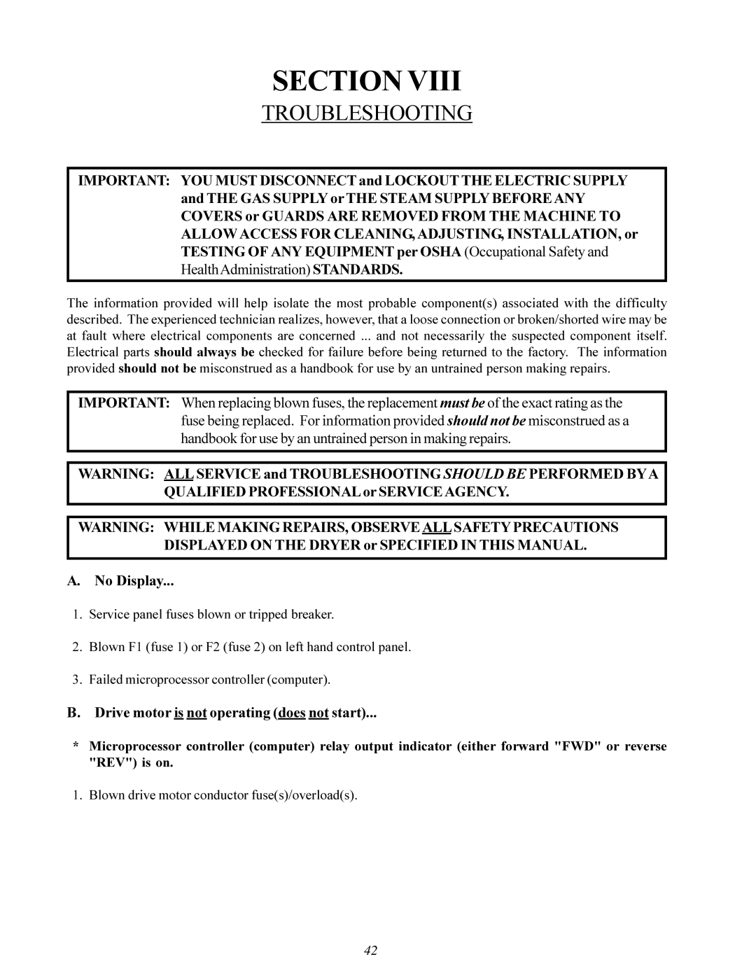 American Dryer ML-200 manual Troubleshooting, No Display 