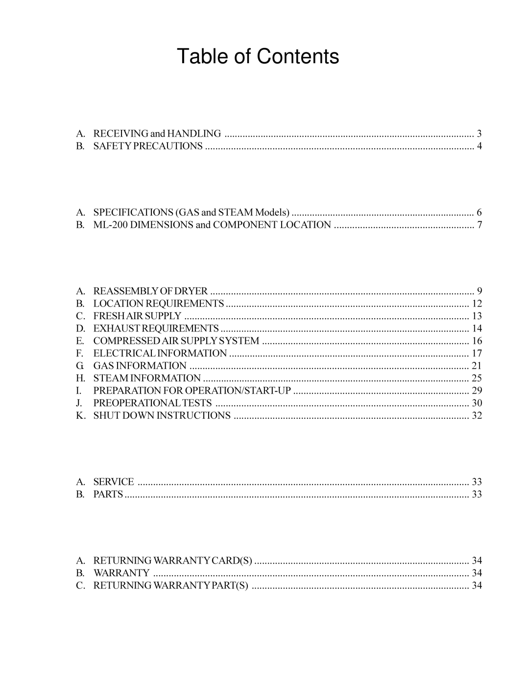 American Dryer ML-200 manual Table of Contents 